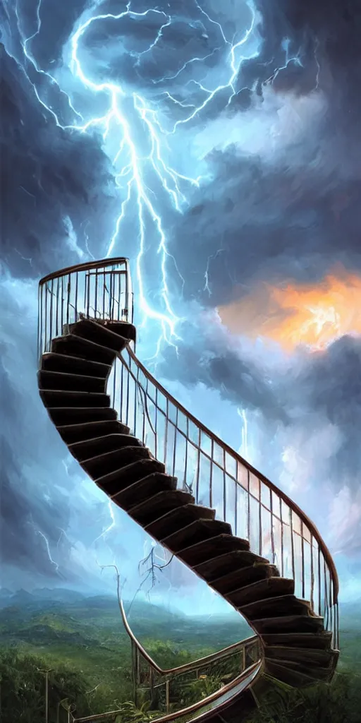 Image similar to a spiral upside - down edgy staircase to heaven, storm, lightnings, highly detailed, sharp focus, matte painting, by rhads, artgerm, isaac levitan and asher brown durand,