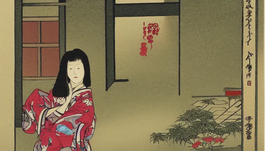 Image similar to zeenchin style painted of a girl in japan, looking out a window at a temple garden filled with yokai and spirits