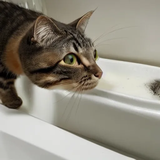 Image similar to a cat escaping a bathtub filled with milk