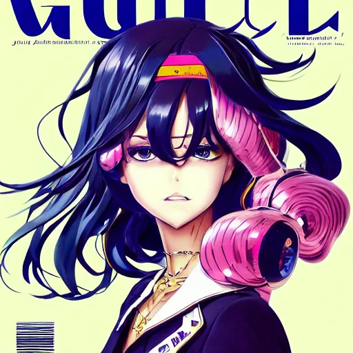 Image similar to Magazine Cover Anime key visual of a Gucci girl; official media; typography; drawn by Hirohiko Araki; Jojo's Bizarre Adventure; Jojolion, portrait, made by Stanley Artgerm Lau, WLOP, Rossdraws, James Jean, Andrei Riabovitchev, Marc Simonetti, Yoshitaka Amano, ArtStation