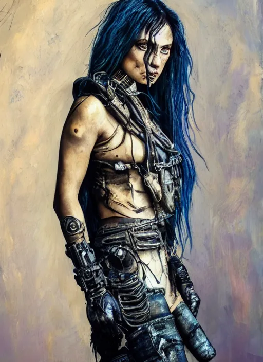 Image similar to detailed full body concept, oil painting of a mad max style female with beautiful face and eyes wearing intricate clothing, soft lighting and focus