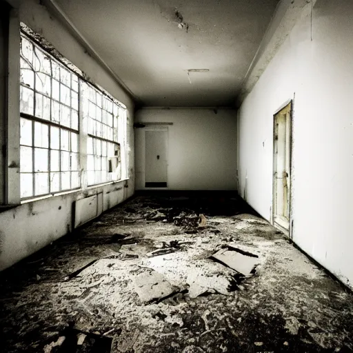 Image similar to abandonded hispital room, eerie vibes, sinister harsh lighting, dslr