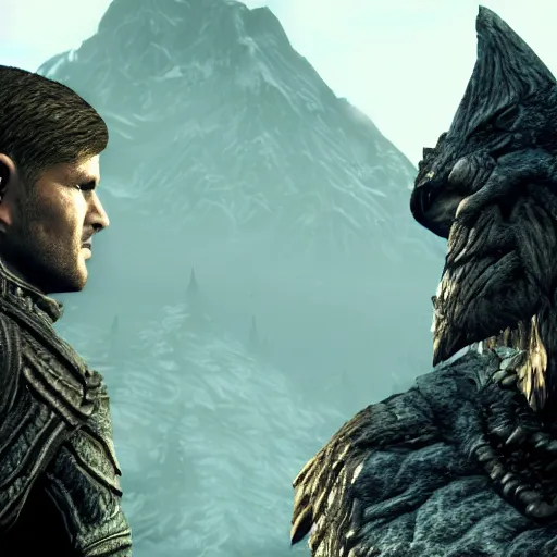 Image similar to character screenshot of michael bisping, npc talking, skyrim, wilderness, 1 0 8 0 p, bokeh, elder scrolls v, detailed, dialog text, eyepatch