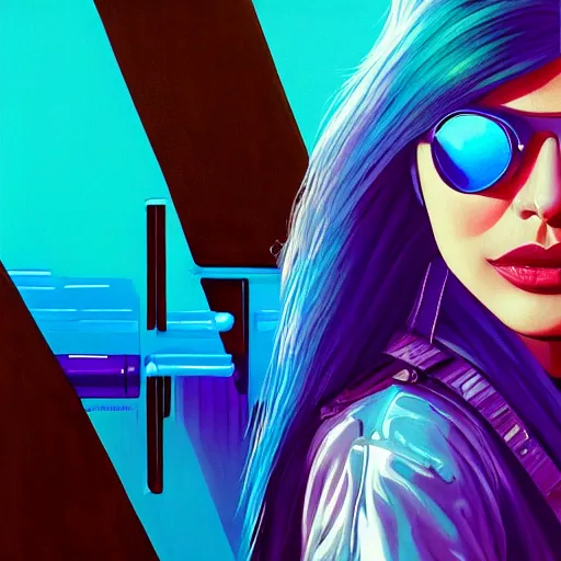 Image similar to closeup painting of a very beautiful young mexican cyberpunk woman with a smirk, wearing light blue shutter shades and a purple coloured leather jacket, one side haircut, long brown hair with light blue ends, portrait, hyperdetailed, artstation, cgsociety, 8 k, synthwave by tangerine dream, by jean - michel jarre, by vangelis, by john carpenter