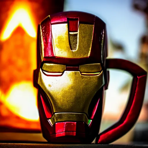 Image similar to a closeup photorealistic photograph of an iron man style tiki mug at a trader vic's beach bar featuring the face of iron man. tiki party. bright scene. fine detail. this 4 k hd image is trending on artstation, featured on behance, well - rendered, extra crisp, features intricate detail, epic composition and the style of unreal engine.