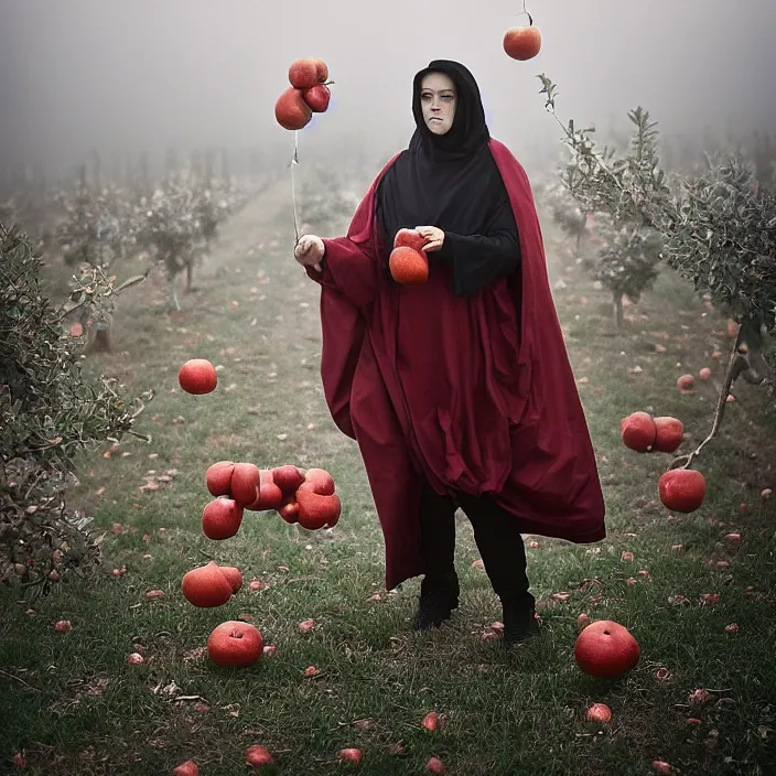 Image similar to a closeup portrait of a woman wearing a hooded cloak made of reflective mylar balloons, picking pomegranates from a tree in an orchard, foggy, moody, photograph, by vincent desiderio, canon eos c 3 0 0, ƒ 1. 8, 3 5 mm, 8 k, medium - format print