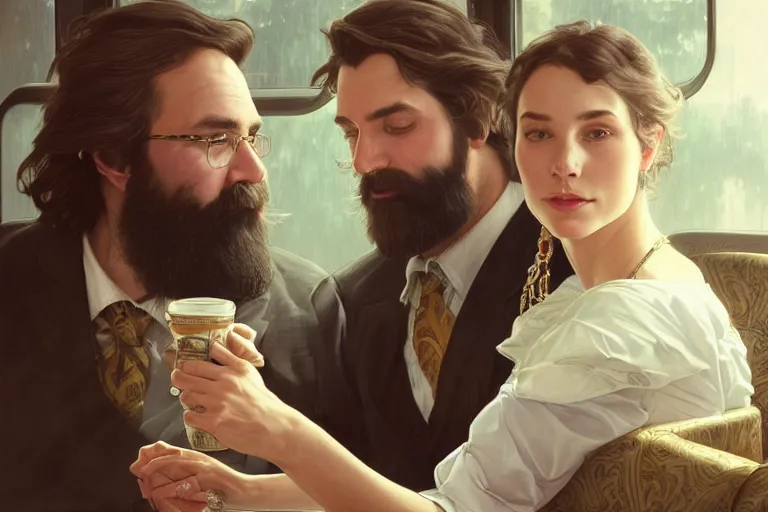 Prompt: portrait painting of a bearded man and a business woman sitting next to each other on a train, ultra realistic, concept art, intricate details, serious, highly detailed, photorealistic, octane render, 8 k, unreal engine. art by artgerm and greg rutkowski and alphonse mucha
