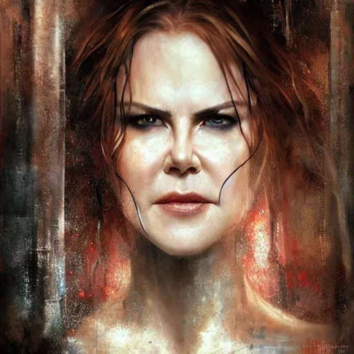 Prompt: nicole kidman chained to a wall in a dungeon, beautiful painting by raymond swanland and magali villanueve, beautiful detailed face.