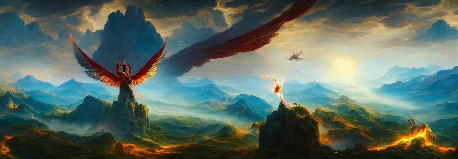 Prompt: Icarus with his wings on fire spiraling down as Daedalus bows his head in disbelief from the mountains below. in the style of a surreal and awe-inspiring Thomas Cole and Bruce Pennington digital art panorama landscape painting. unreal engine, 4k, matte, exquisite detail