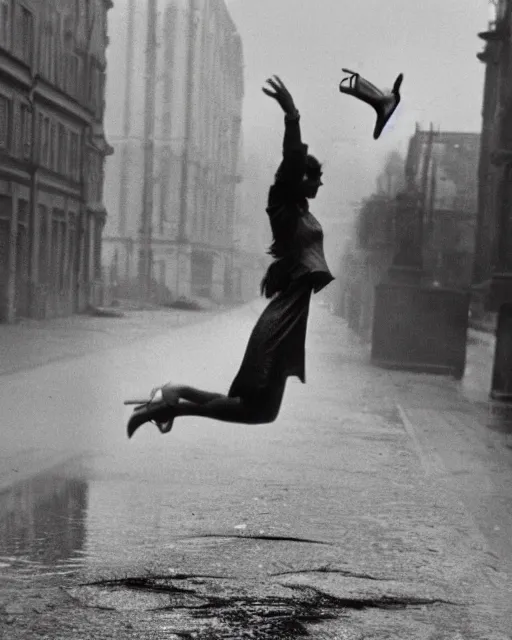 Image similar to A woman wearing a dress leaping over a large puddle in the street, the decisive moment by Henri Cartier-Bresson, photographed on a Leica camera