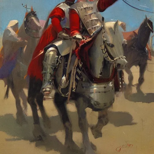 Prompt: man on horseback, wearing chainmail and gambeson, medieval joust by greg manchess, bernie fuchs, walter everett, lost edges