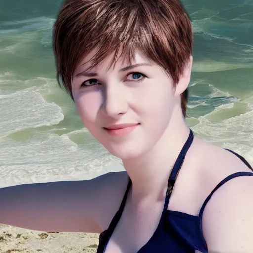 Image similar to rebecca chambers at the beach, 4 k, high detail, high - resolution photograph, professional photography, ultra - detail