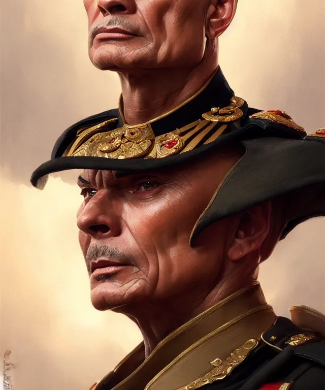 Image similar to Yul Brynner as a very angry bald general, portrait, intricate, elegant, highly detailed, digital painting, artstation, concept art, smooth, sharp focus, illustration, art by artgerm and greg rutkowski and alphonse mucha