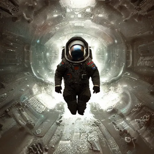 Image similar to concept art by craig mullins astronaut in futuristic dark and empty spaceship underwater. infrared complex and hyperdetailed technical suit. mandelbulb fractal. reflection and dispersion materials. rays and dispersion of light. volumetric light. 5 0 mm, f / 3 2. noise film photo. flash photography. unreal engine 4, octane render. interstellar movie art