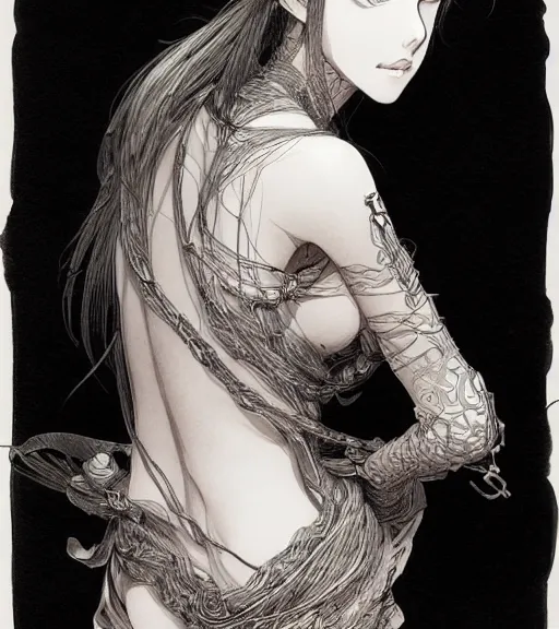 Image similar to portrait of anime woman, pen and ink, intricate line drawings, by wlop, claire wendling, kentaro miura, greg rutkowski, loundraw