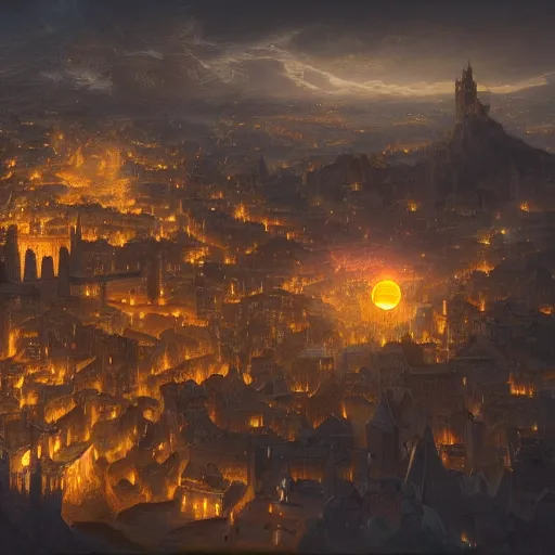 Image similar to aerial view of a medieval town lit by a glowing orb hanging far above the town. by alan lee by peter mohrbacher, trending on artstation sharp focus vfx key shot