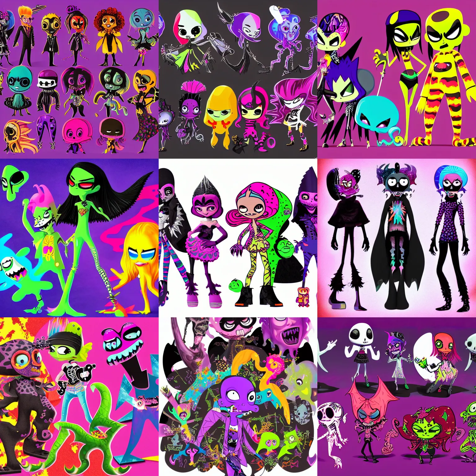 Prompt: lisa frank gothic punk vampiric rockstar vampire squid concept character designs of various shapes and sizes by genndy tartakovsky and the creators of fret nice at pieces interactive and splatoon by nintendo and the psychonauts by doublefine tim shafer artists for the new hotel transylvania film managed by pixar