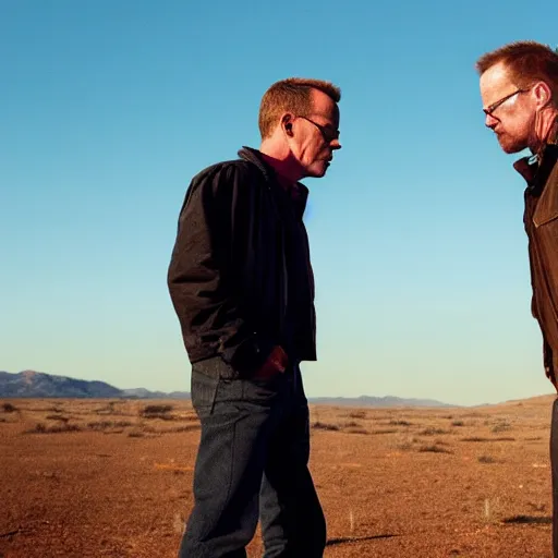 Prompt: movie still of Jack Bauer and Walter White arguing, 4k, golden hour, hyperdetailed