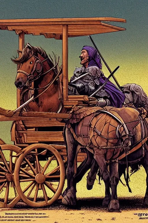 Image similar to a ( ( ( ( ( ( ( ( knight ) ) ) ) ) ) ) ) riding a wagon!!!!!!!!!!!!!! by greg darrow and greg rutowski, muted colors, detailed