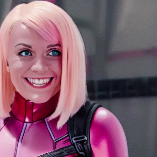 Image similar to A still of Gwenpool in Deadpool 3 (2023), blonde hair with pink highlights, no mask, white and light-pink outfit, smiling and winking at the camera