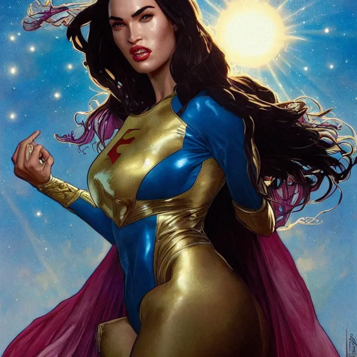 Image similar to megan fox as female superman shooting eye beams by artgerm, greg rutkowski, alphonse mucha