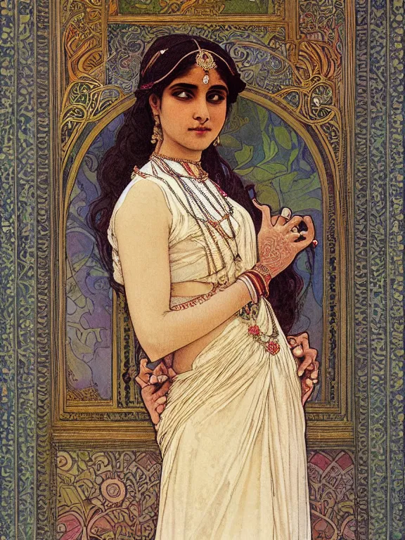 Prompt: an art nouveau painting of a pretty young woman from india, dressed in a modest bridal gown, necklaces, and bracelets, in front of an intricate, ornate traditional symmetric indian pattern, by alphonse mucha and james gurney and john william waterhouse