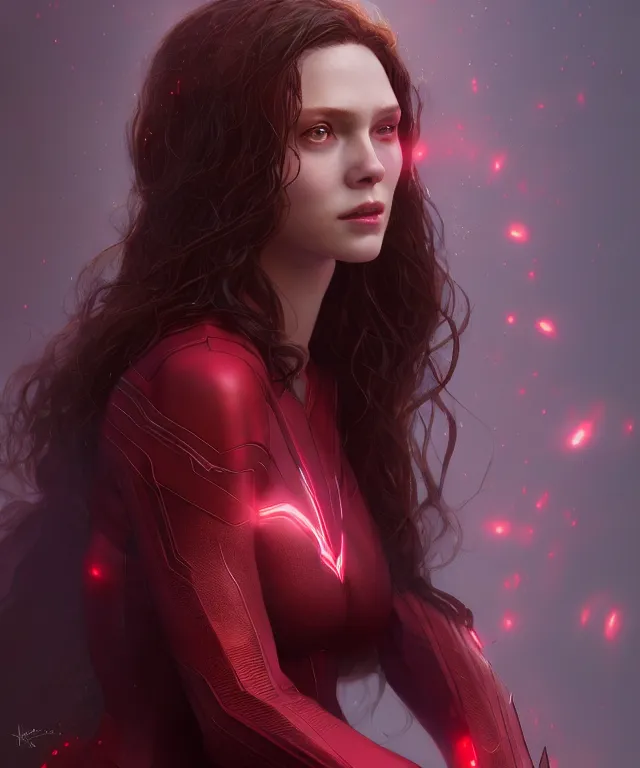 Image similar to Scarlet Witch, au naturel, hyper detailed, digital art, trending in artstation, cinematic lighting, studio quality, smooth render, unreal engine 5 rendered, octane rendered, art style by klimt and nixeu and ian sprigger and wlop and krenz cushart