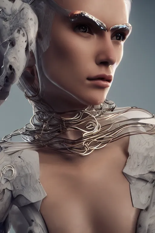 Image similar to white cyborg fashion shot, copper spiral hair decorations, white elegant baroque design, pretty face, photorealistic, 8k, hyper detailed, unreal engine, trending on artstation,