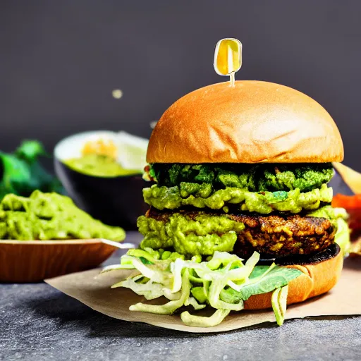 Image similar to vegan hamburger with guacamole and crispy fried onion and fried egg toppings, crispy buns, 8 k resolution, studio lighting, sharp focus, hyper - detailed