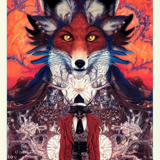Image similar to portrait of crazy mister fox, symmetrical, by yoichi hatakenaka, masamune shirow, josan gonzales and dan mumford, ayami kojima, takato yamamoto, barclay shaw, karol bak, yukito kishiro