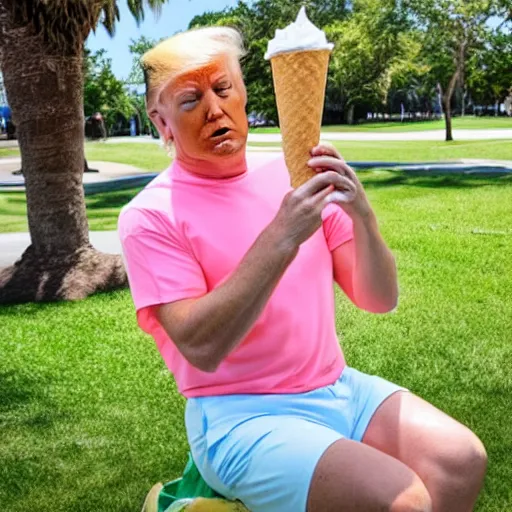 Prompt: donald trump wearing a pair of light blue hoochie daddy shorts and a pink miami beach t-shirt while enjoying himself a pistachio ice cream cone in the park, high-res, hyperrealistic,