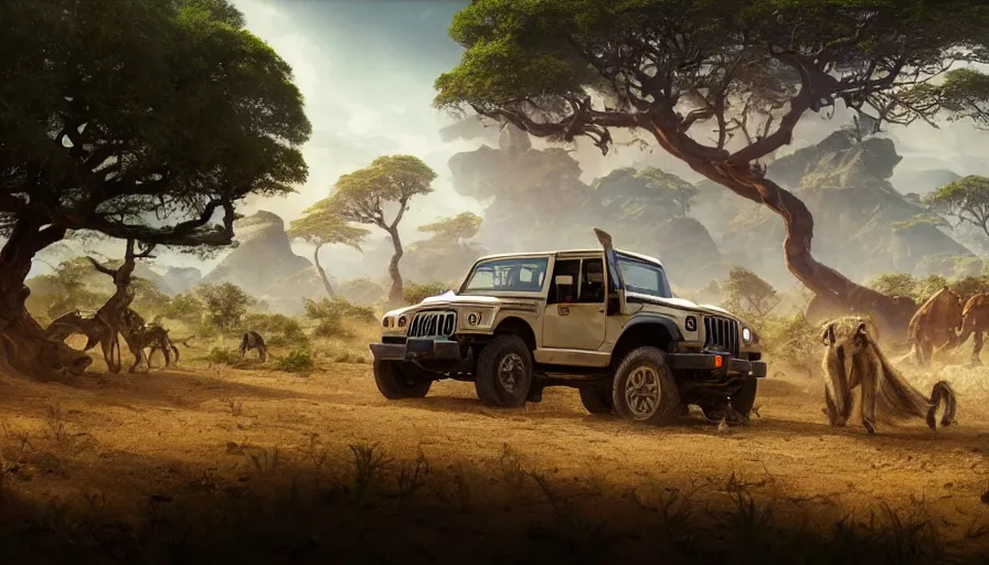 Image similar to mahindra thar driving through madagascar with baobabs trees, tribe members chasing for an attach, action scene, an epic fantasy, artgerm and greg rutkowski and alphonse mucha, an epic fantasy, volumetric light, detailed, establishing shot, an epic fantasy, cinematic, photorealistic, trending on art station, octane render, midsommar