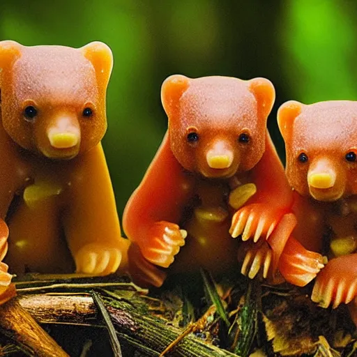 Prompt: national geographic photo of wild gummy bears, wildlife photography