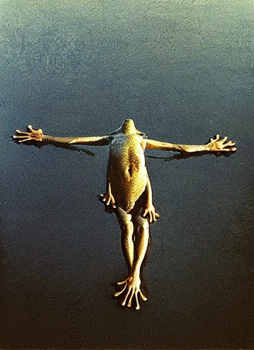 Image similar to “semitranslucent smiling frog vertically hovering over misty lake waters in crucifix pose, low angle, long cinematic shot by Andrei Tarkovsky, paranormal, eerie, mystical”