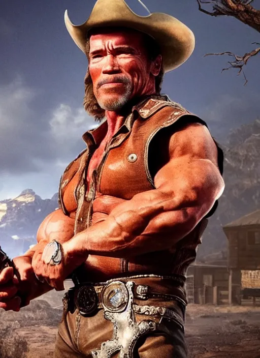 Image similar to an film still of arnold schwarzenegger as cowboy with beard, western background, unreal engine. amazing likeness. very detailed.