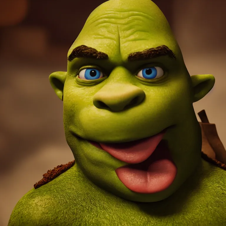 Image similar to a cinematic film still of a claymation stop motion film shrek, portrait, shallow depth of field, 8 0 mm, f 1. 8