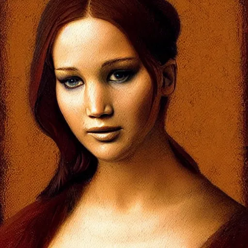 Prompt: A striking hyper real painting of Jennifer Lawrence by da Vinci.