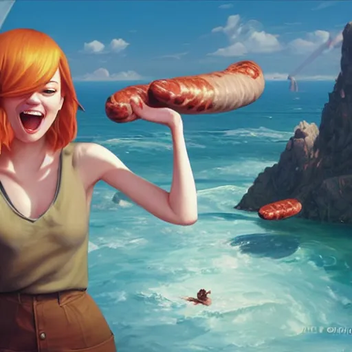 Image similar to emma stone surprised to see flying big italian sausages by concept artist gervasio canda, behance hd by jesper ejsing, by rhads, makoto shinkai and lois van baarle, ilya kuvshinov, rossdraws global illumination radiating a glowing aura global illumination ray tracing hdr render in unreal engine 5