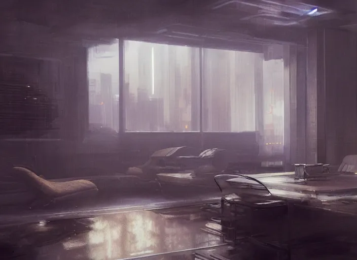 Prompt: a futuristic apartment interior, by Craig Mullins, octane rendering, moody lighting, in the style of blade runner