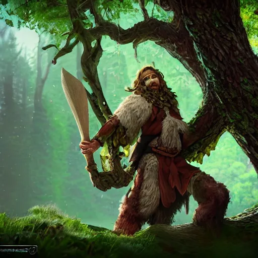 Prompt: Tree Druid, in the forest, wielding a tree axe, battle pose, dungeons and dragons, masterpiece, 4k, digital art, unreal engine, high quality render, trending on artstation