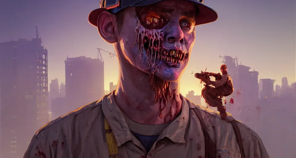 Image similar to highly detailed portrait construction worker zombie in gta v, stephen bliss, unreal engine, fantasy art by greg rutkowski, loish, rhads, ferdinand knab, makoto shinkai and lois van baarle, ilya kuvshinov, rossdraws, tom bagshaw, global illumination, radiant light, detailed and intricate environment