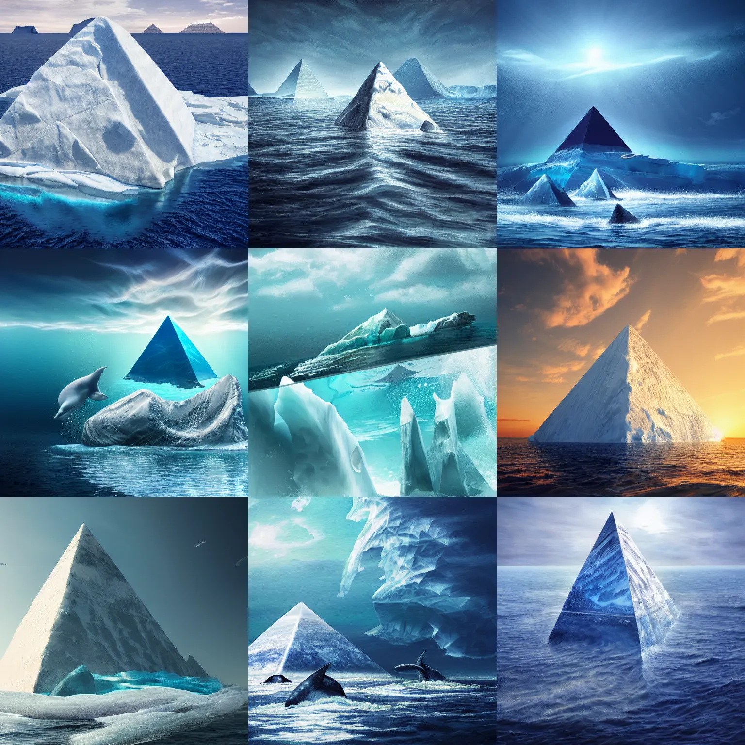 Prompt: a photorealistic painting of an iceberg shaped like a pyramid, upper half seascape photo, lower half underwater photo with whales and fishes, 8K, digital art, detailed intricate elegant, octane render