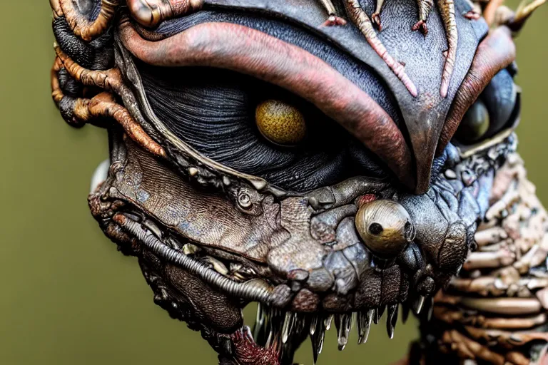 Prompt: photo taken of an epic intricate, ultra detailed, super realistic gritty, hero prop, exquisitely weathered animatronic movie prop of a lifelike sculpture of a nightmarish creature displayed in the workshop, created by weta workshop, full body shot, photorealistic, sharp focus