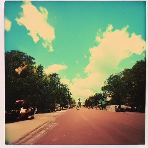 Prompt: colorful instant photograph of the middle of the street, polaroid, light leak, raw, nostalgic, daylight, blue sky, clouds