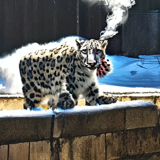 Prompt: Snow leopard vaping and doing vape tricks, iPhone photo