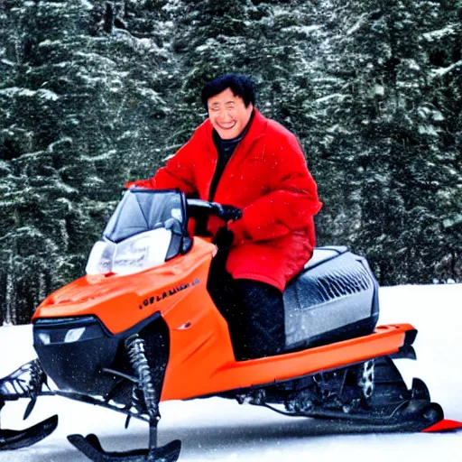 Image similar to jackie chan on a snowmobile