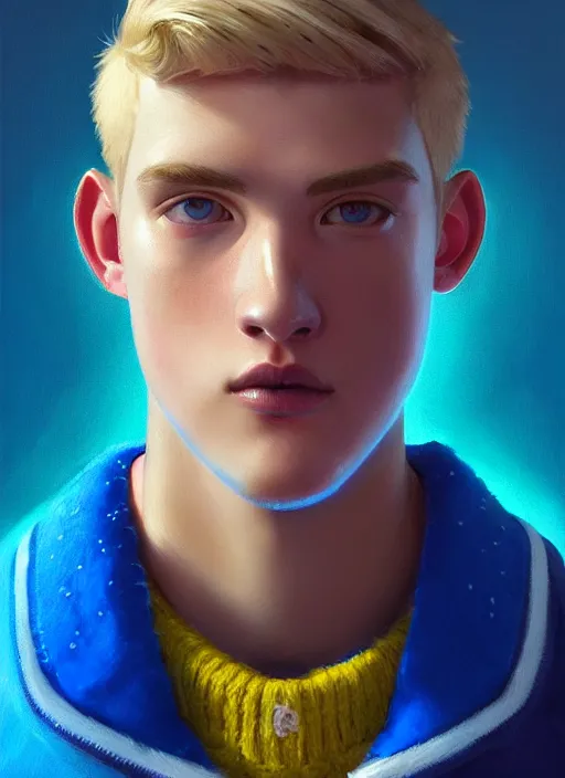 Image similar to portrait of high school senior boy named big moose, blonde short hair, jock, beefy, wide face, square jaw, square facial structure, blue varsity jacket with letter r, intricate, elegant, glowing lights, highly detailed, digital painting, artstation, concept art, sharp focus, illustration, art by wlop, mars ravelo and greg rutkowski