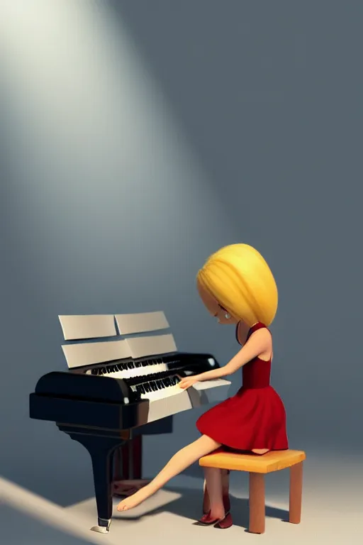 Image similar to a lovely girl playing a piano by pixar, digital 3 d, oct, beautiful, gorgeous, dramatic lighting, rule of thirds, perfect composition, trending on artstation, 4 k