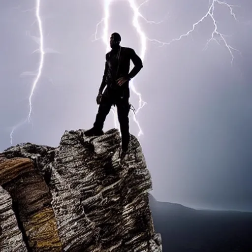 Prompt: an awe inspiring photo of Travis Scott standing on top of a cliff while lightning strikes in a black sky behind him