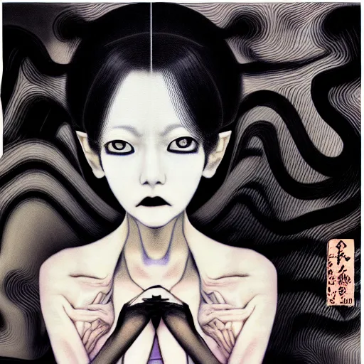 Image similar to yoshitaka amano blurred and dreamy realistic three quarter angle portrait of a woman with long white hair, black eyes and black lipstick wearing dress suit with tie, junji ito abstract patterns in the background, satoshi kon anime, noisy film grain effect, highly detailed, renaissance oil painting, weird portrait angle, blurred lost edges